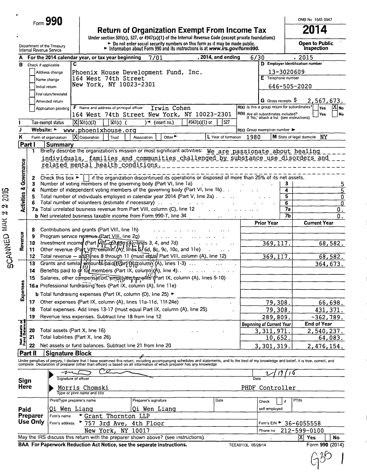 Image of first page of 2014 Form 990 for Phoenix House Development Fund