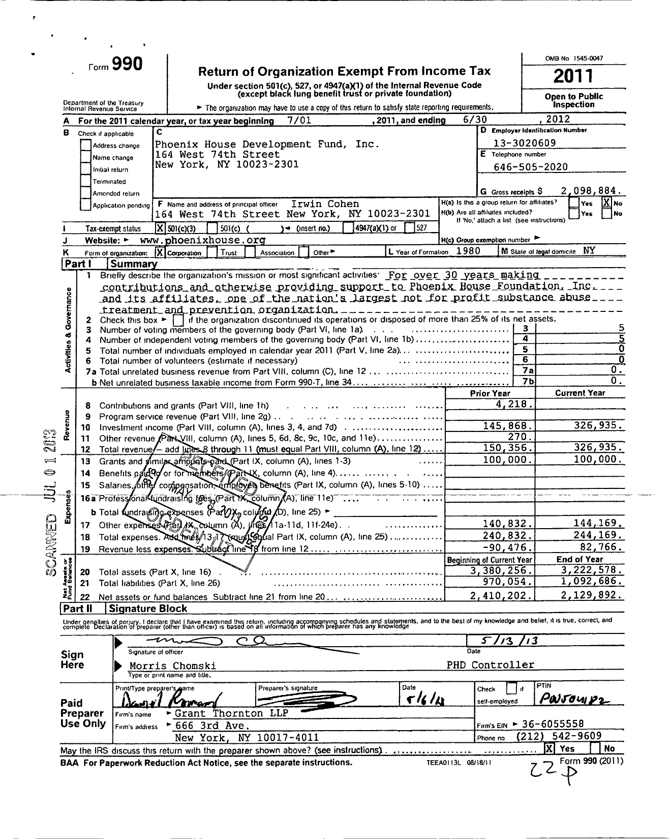 Image of first page of 2011 Form 990 for Phoenix House Development Fund