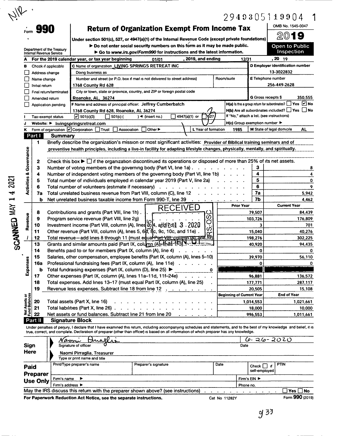 Image of first page of 2019 Form 990 for Living Springs Retreat