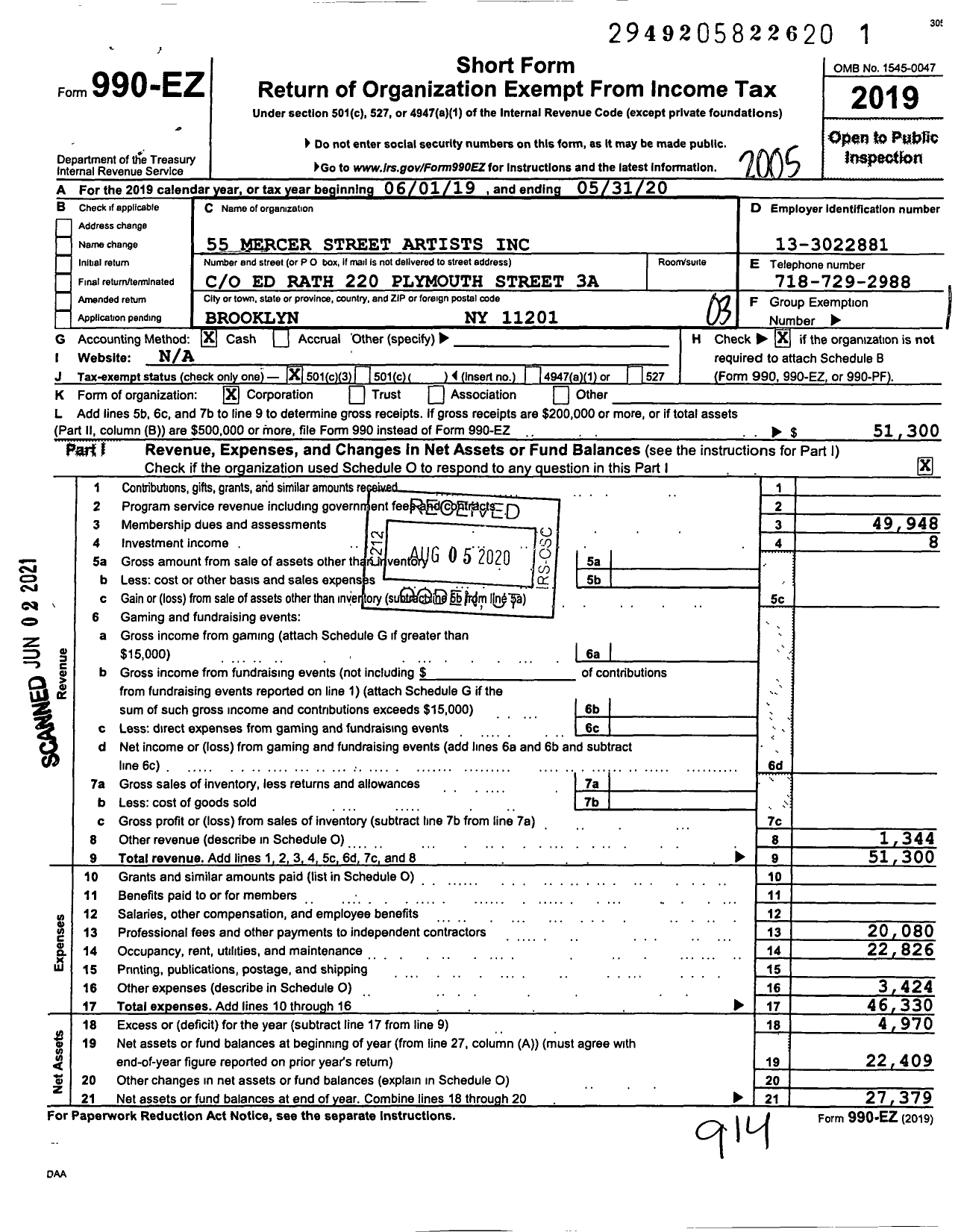 Image of first page of 2019 Form 990EZ for 55 Mercer Street Artists