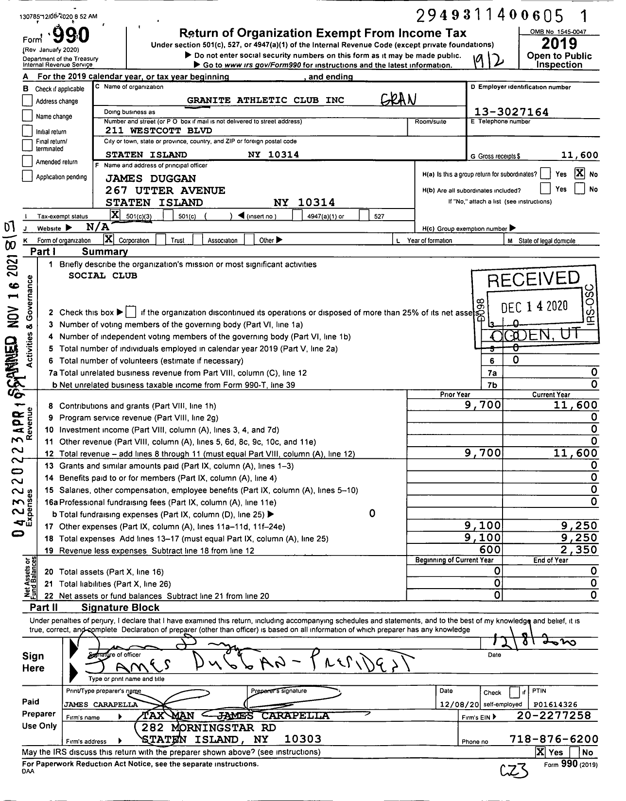 Image of first page of 2019 Form 990O for Granite Athletic Club