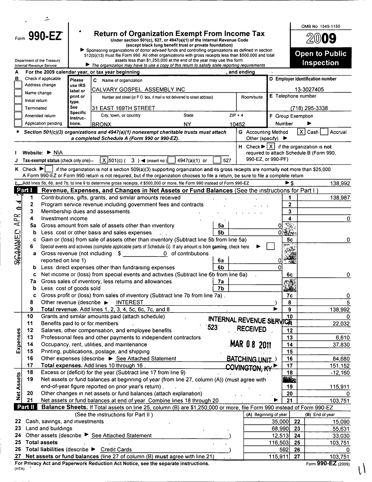 Image of first page of 2009 Form 990EZ for Calvary Gospel Assembly