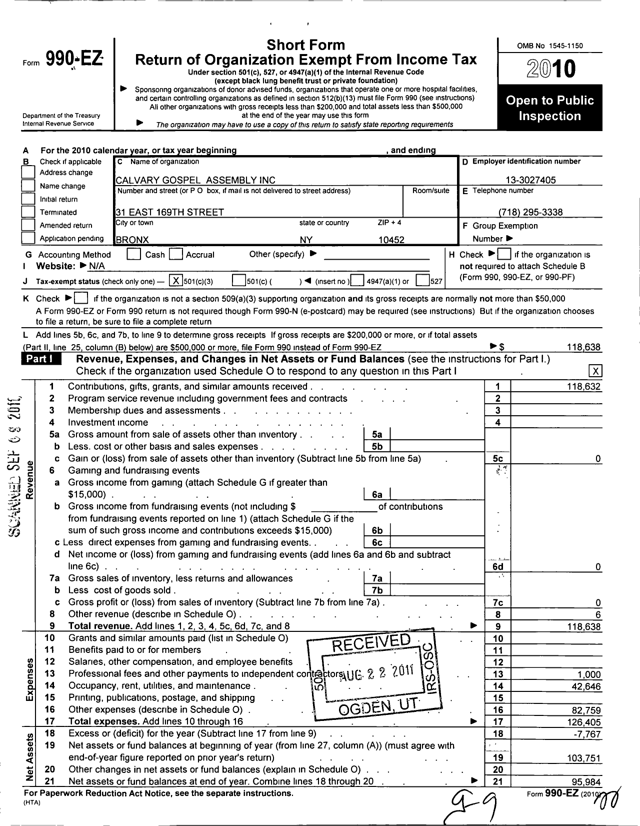 Image of first page of 2010 Form 990EZ for Calvary Gospel Assembly