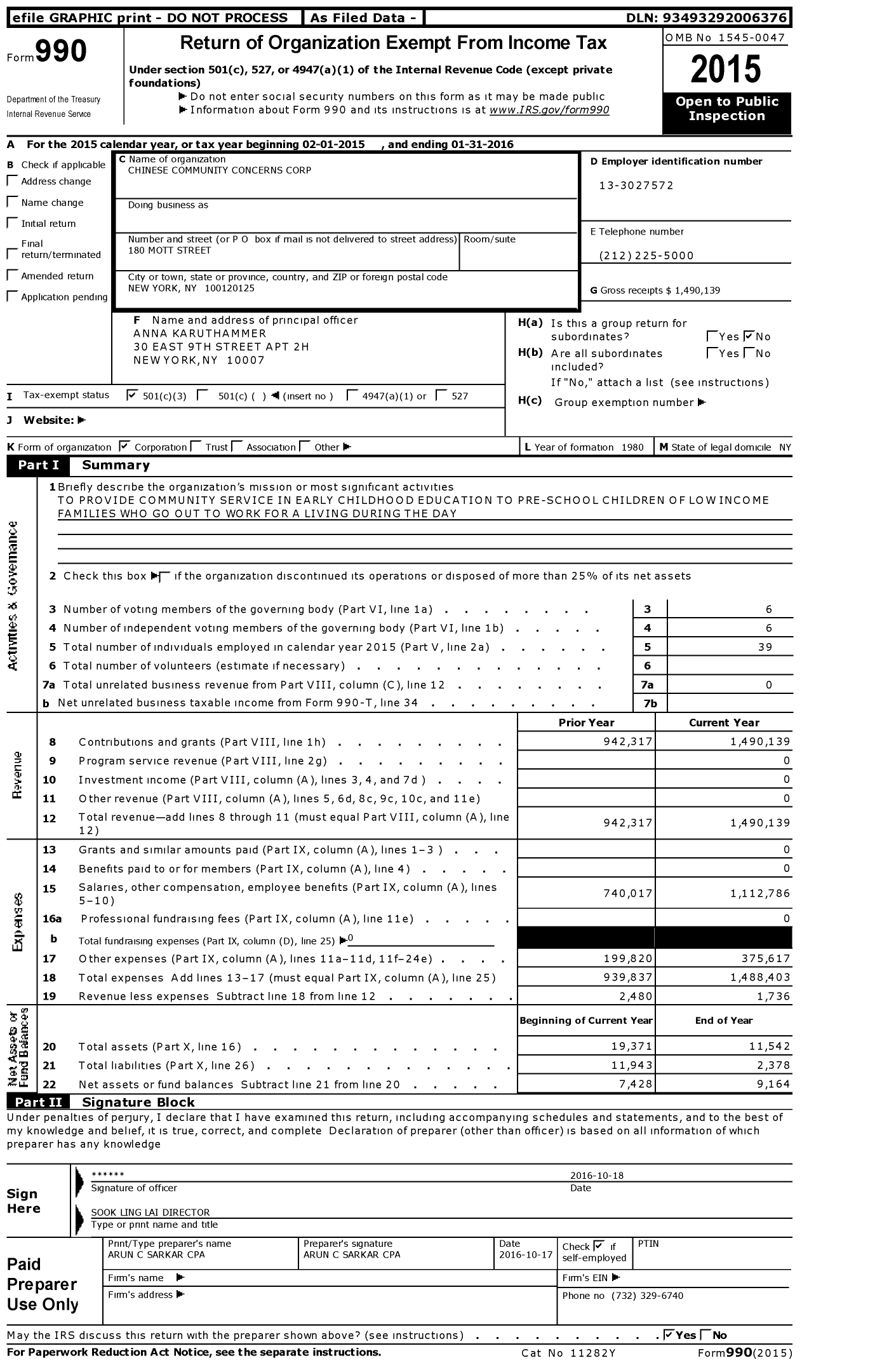 Image of first page of 2015 Form 990 for Chinese Community Concerns Corporation