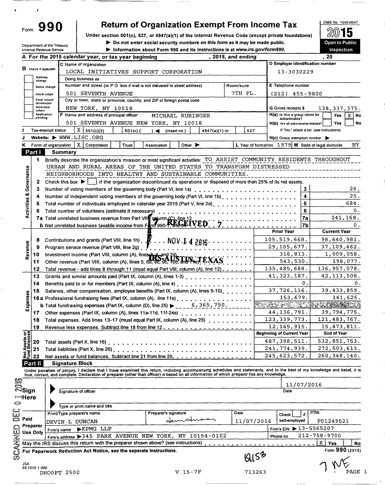 Image of first page of 2015 Form 990 for Local Initiatives Support Corporation
