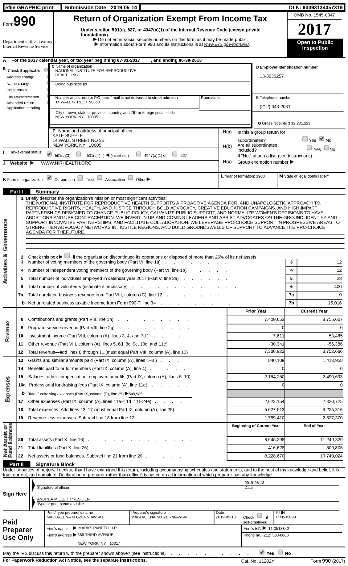 Image of first page of 2017 Form 990 for National Institute for Reproductive Health