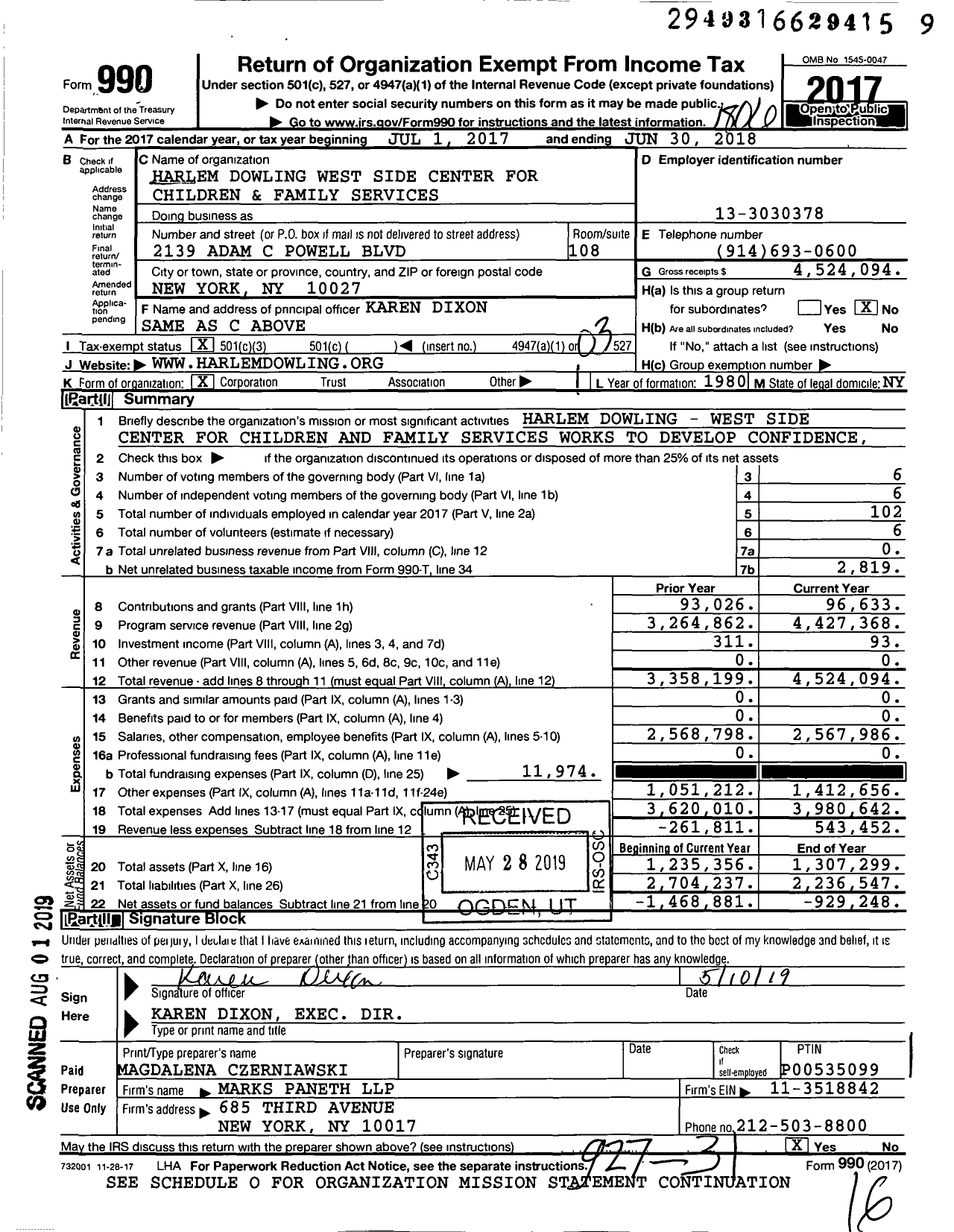 Image of first page of 2017 Form 990 for Harlem Dowling West Side Center for Children and Family Services (HDWC)