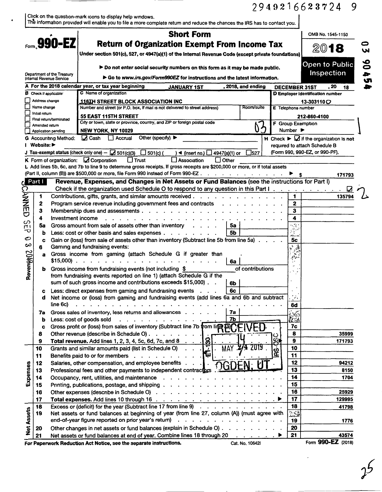 Image of first page of 2018 Form 990EZ for 116th Street Block Association