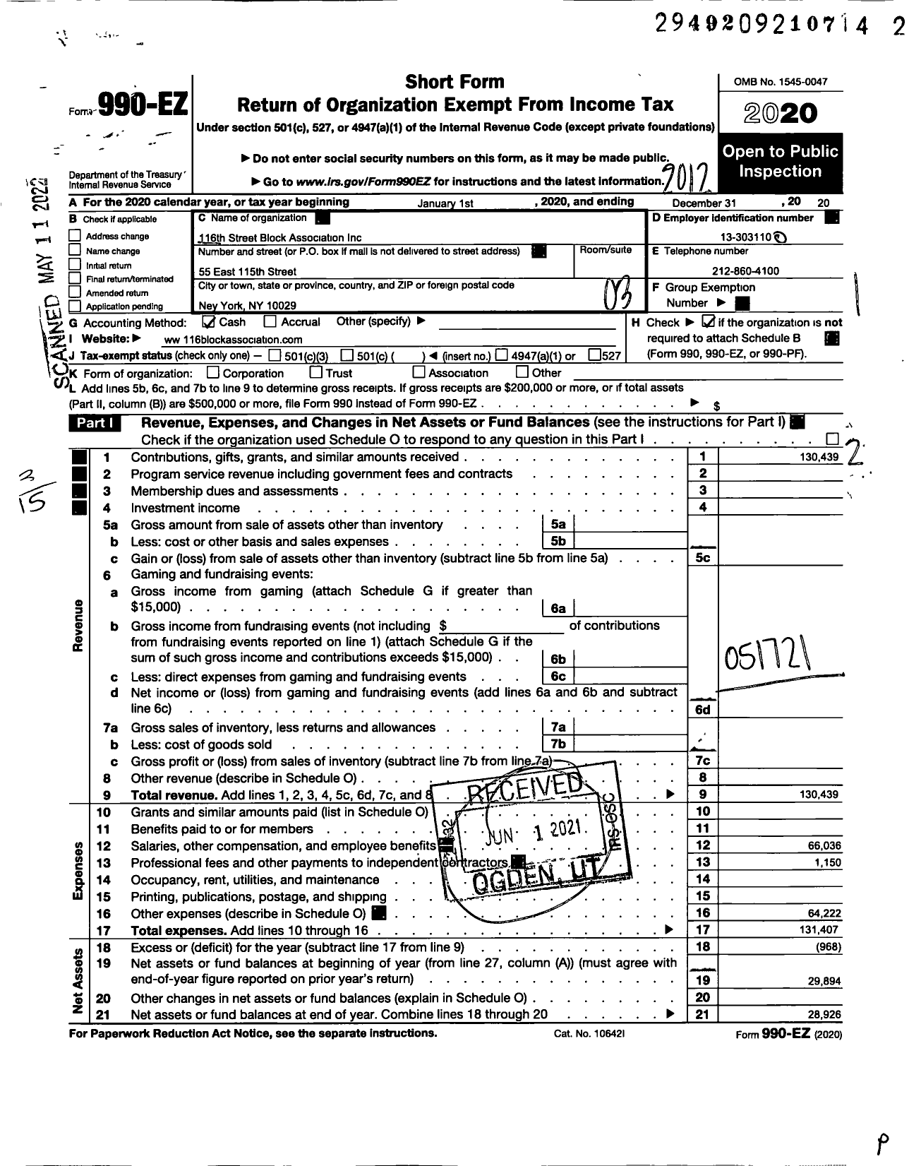 Image of first page of 2020 Form 990EZ for 116th Street Block Association