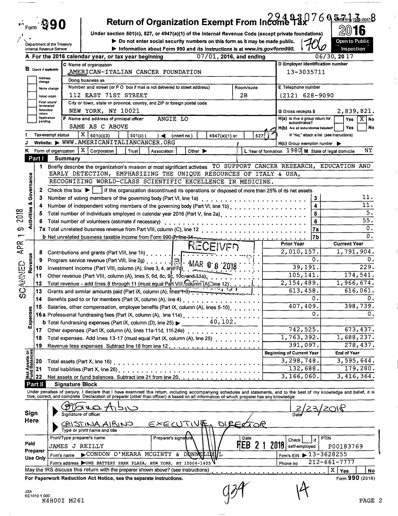 Image of first page of 2016 Form 990 for American-Italian Cancer Foundation (AICF)
