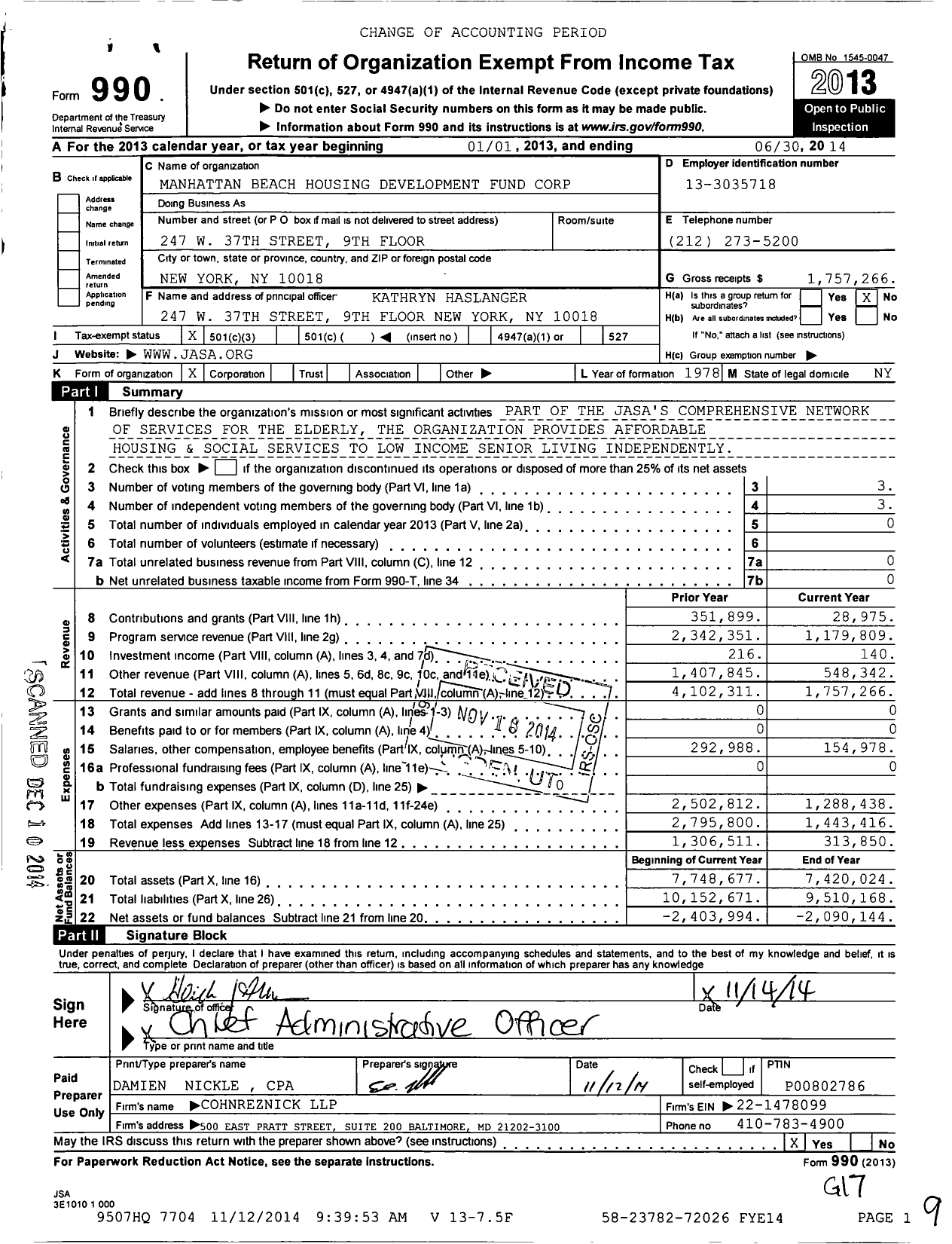 Image of first page of 2013 Form 990 for Manhattan Beach Housing Development Fund Corporation