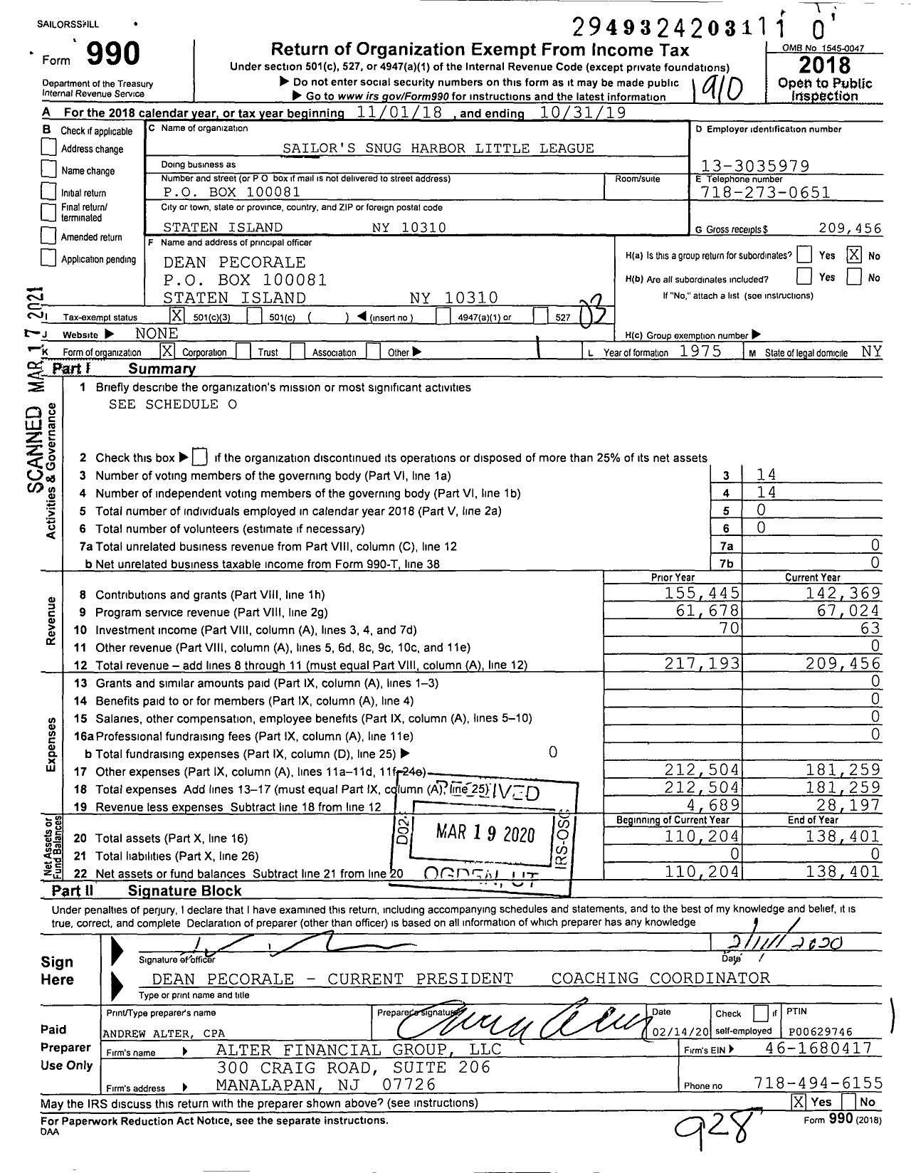 Image of first page of 2018 Form 990 for Little League Baseball - 2322410 Snug Harbor LL