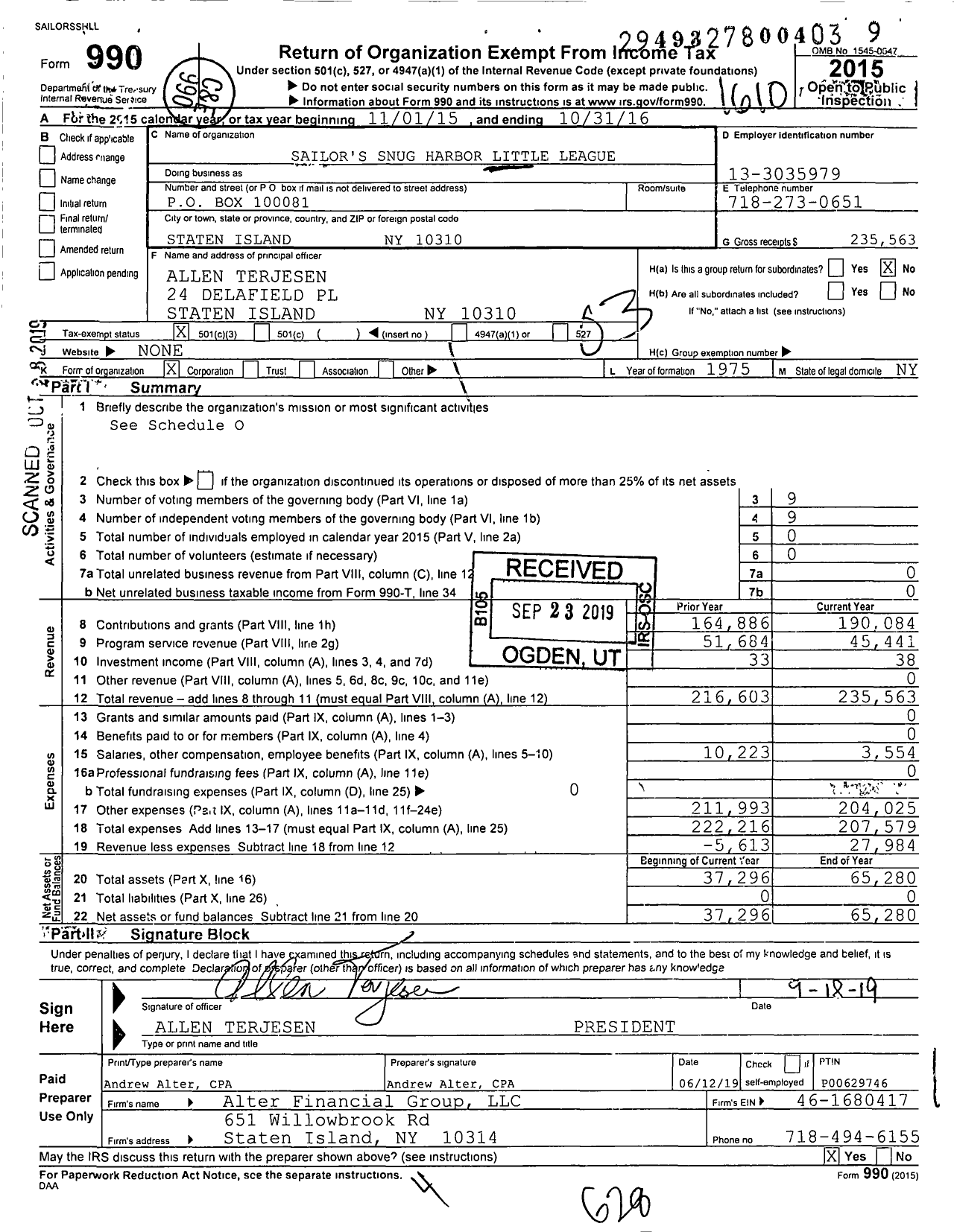 Image of first page of 2015 Form 990 for Little League Baseball - 2322410 Snug Harbor LL