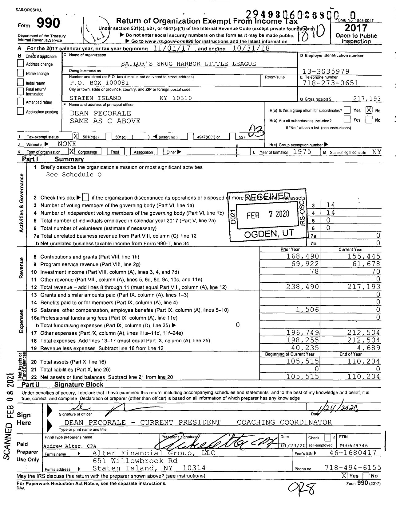 Image of first page of 2017 Form 990 for Little League Baseball - 2322410 Snug Harbor LL