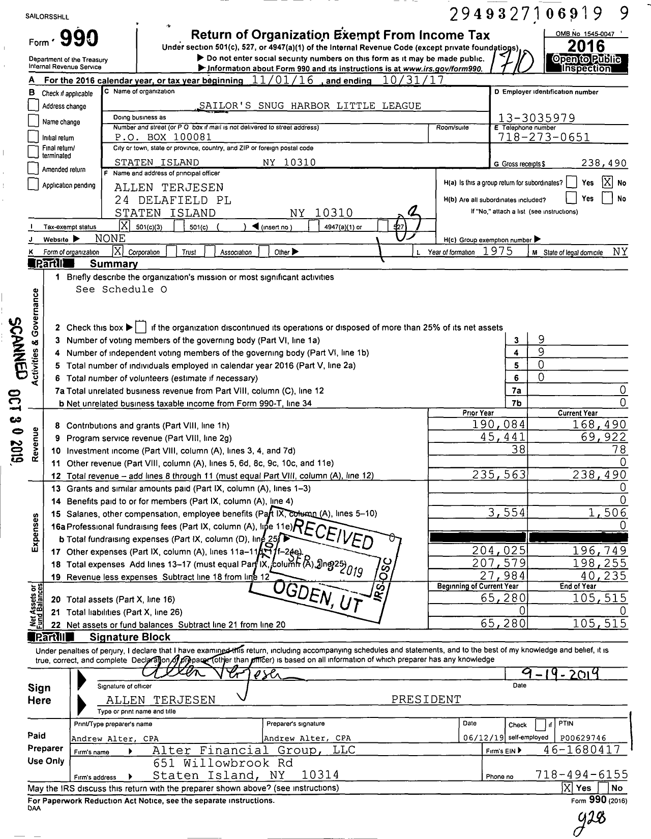 Image of first page of 2016 Form 990 for Little League Baseball - 2322410 Snug Harbor LL