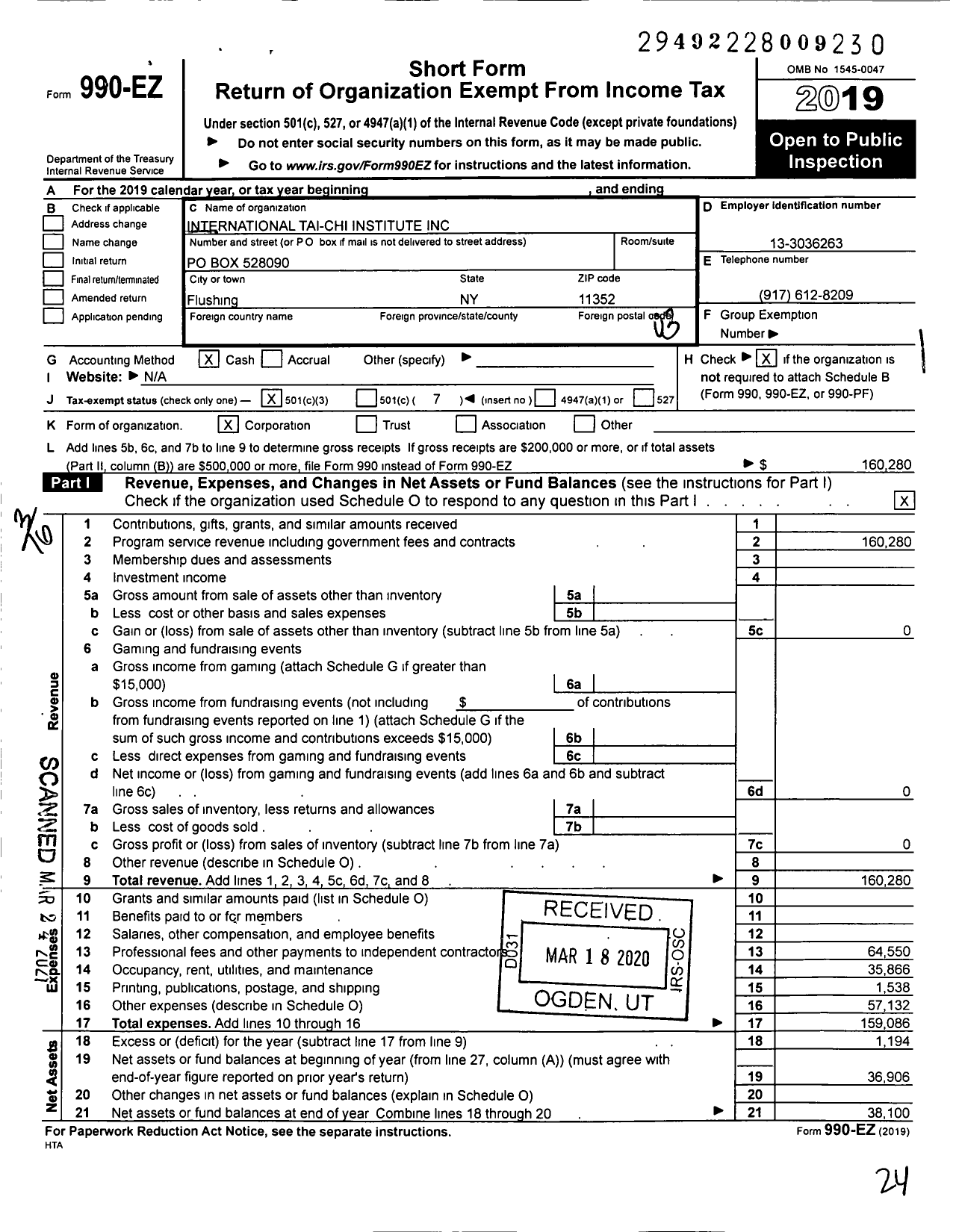 Image of first page of 2019 Form 990EZ for International Tai-Chi Institute