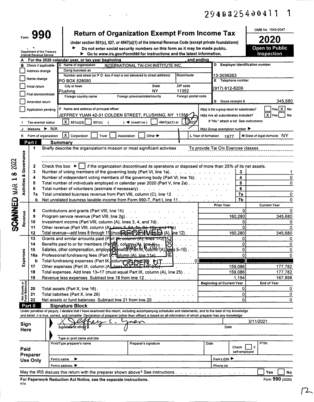 Image of first page of 2020 Form 990 for International Tai-Chi Institute