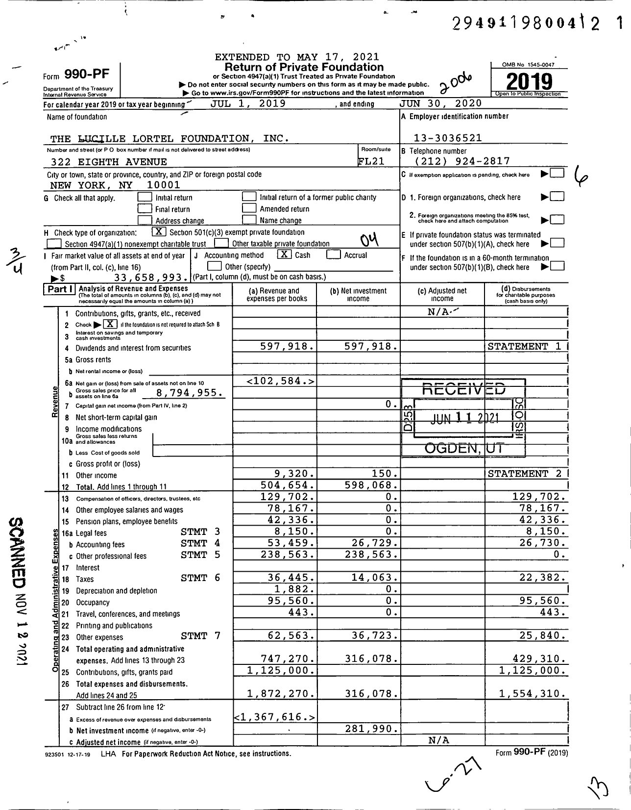 Image of first page of 2019 Form 990PF for The Lucille Lortel Foundation