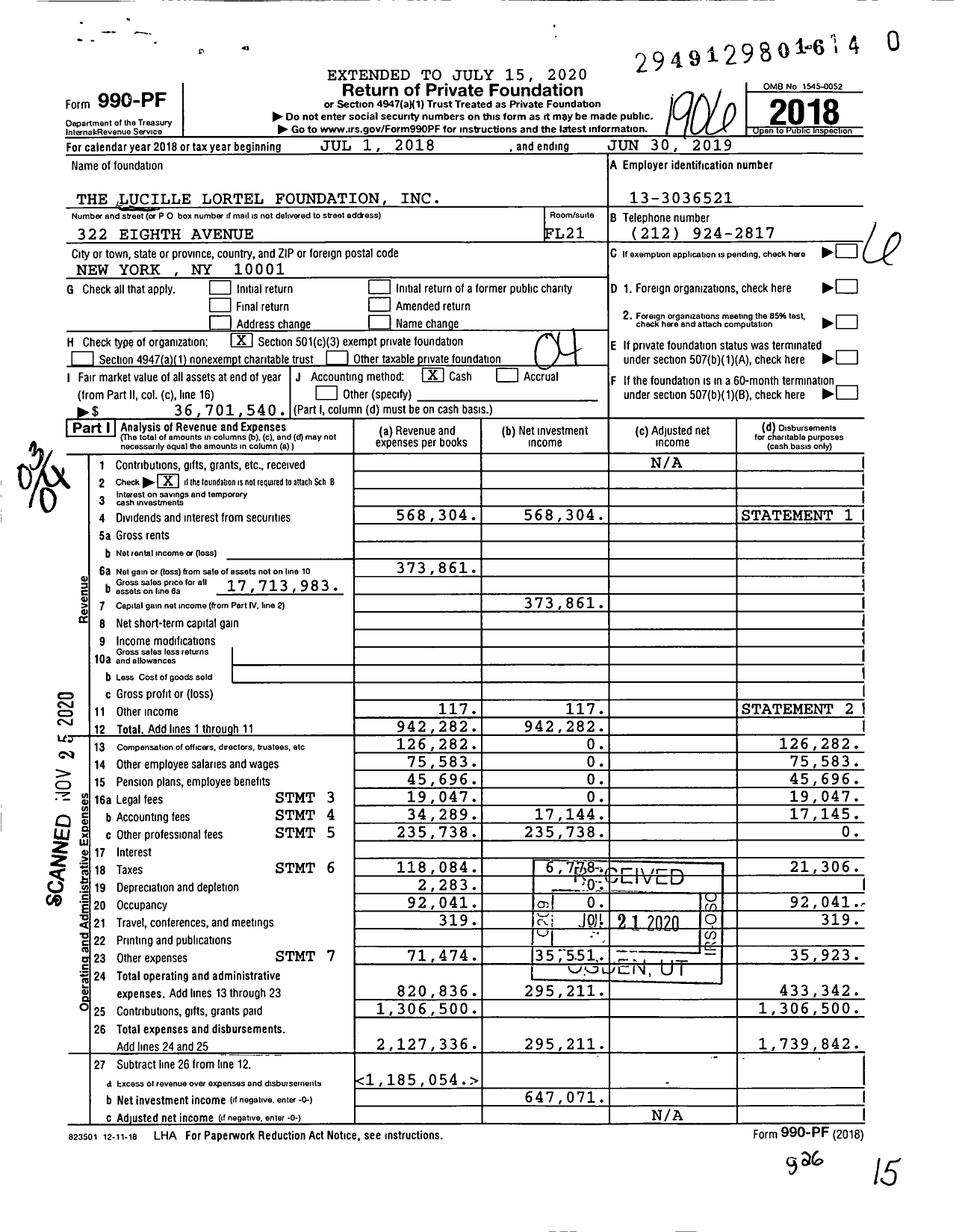 Image of first page of 2018 Form 990PF for The Lucille Lortel Foundation