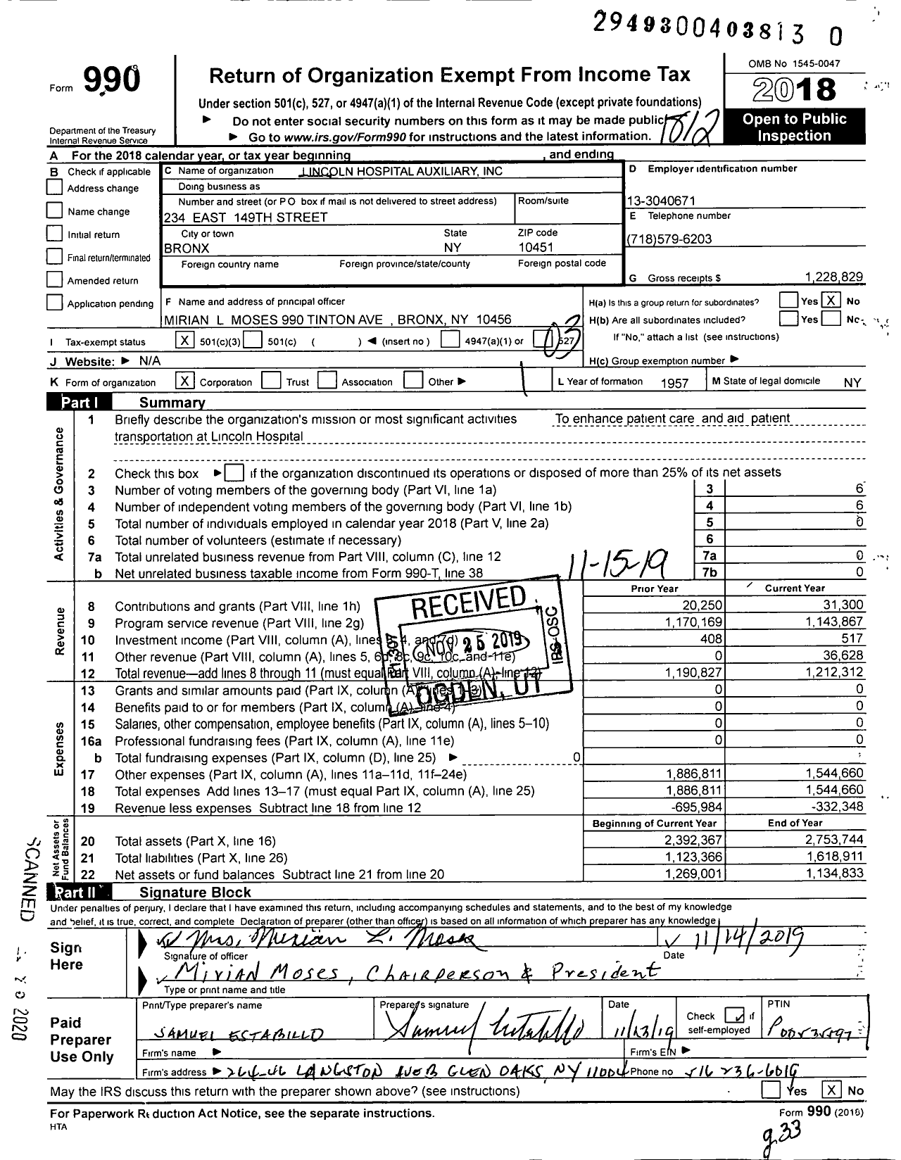 Image of first page of 2018 Form 990 for Lincoln Hospital Auxiliary