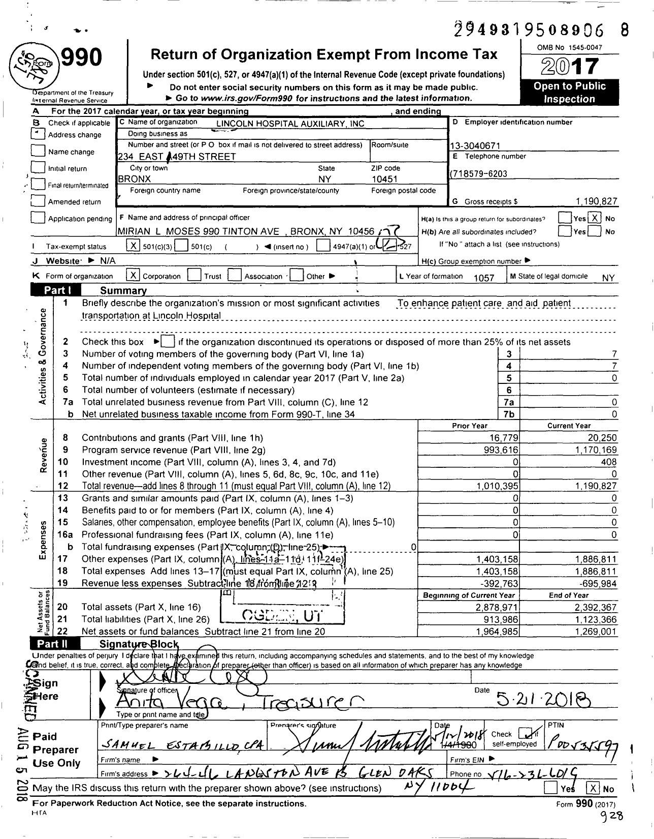 Image of first page of 2017 Form 990 for Lincoln Hospital Auxiliary