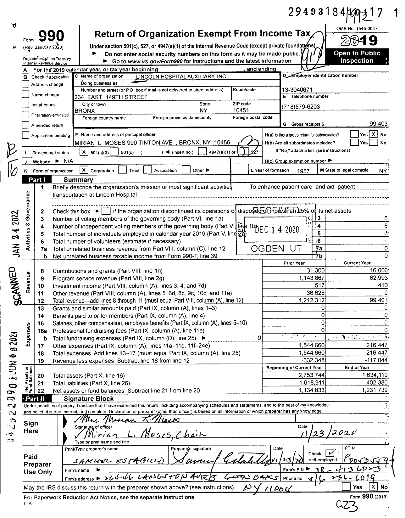 Image of first page of 2019 Form 990 for Lincoln Hospital Auxiliary