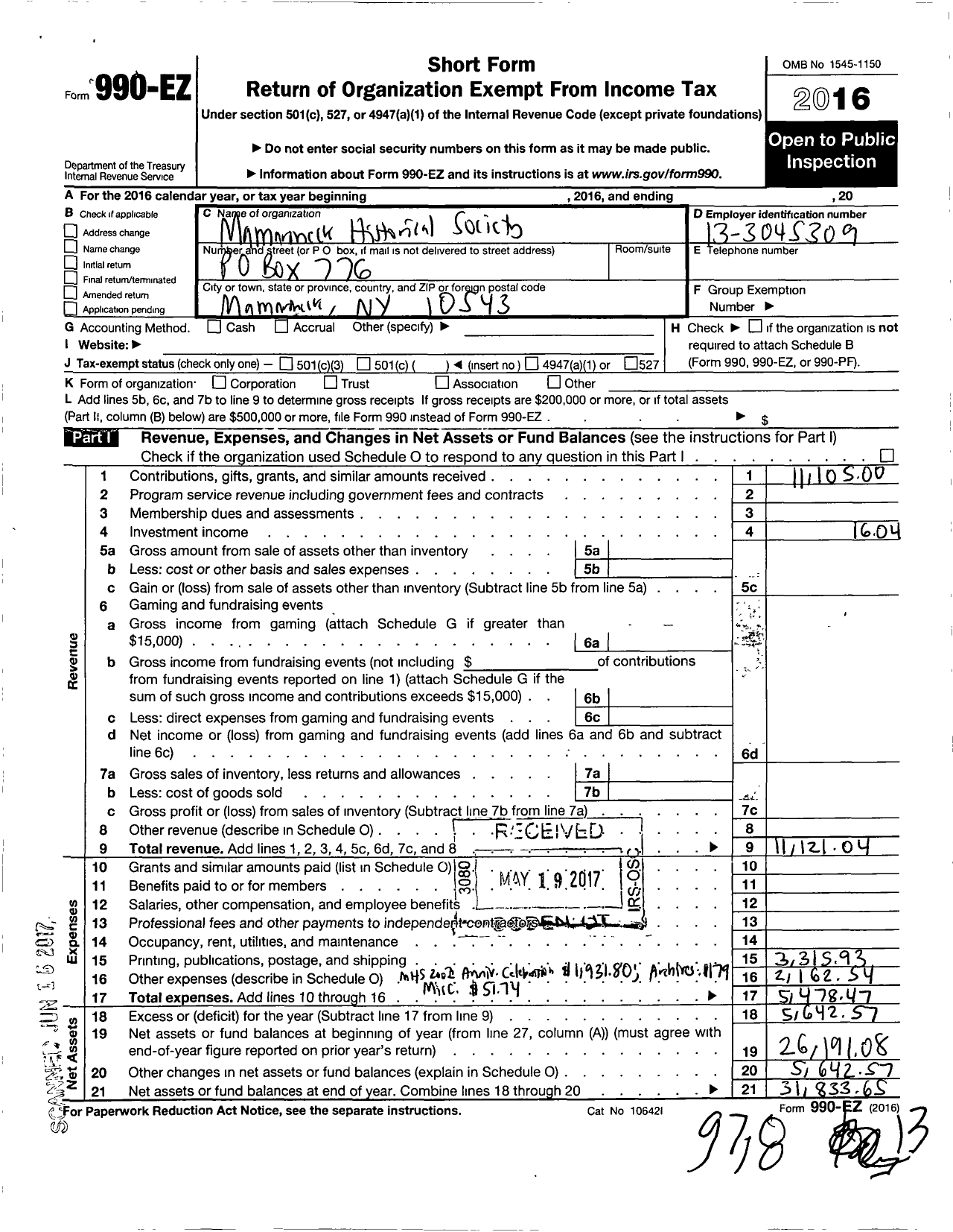 Image of first page of 2016 Form 990EO for Mamaroneck Historical Society