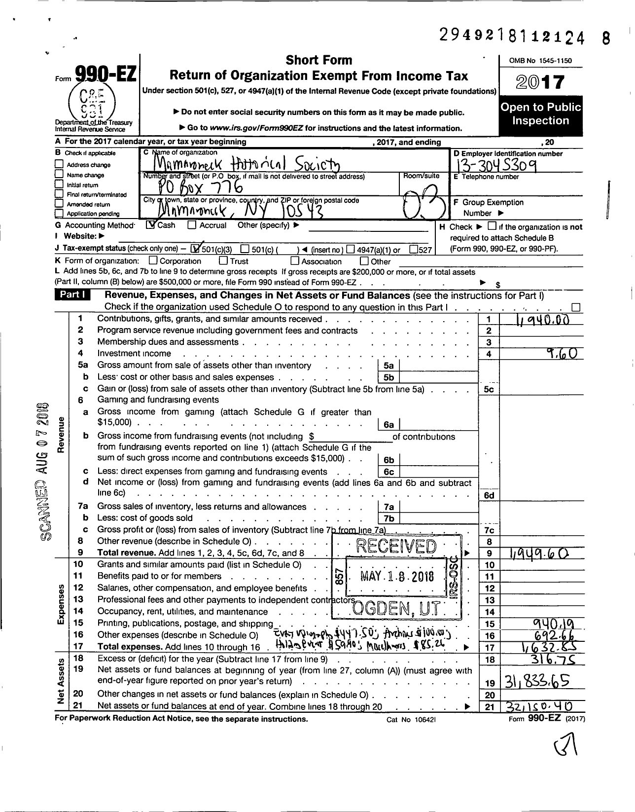 Image of first page of 2017 Form 990EZ for Mamaroneck Historical Society