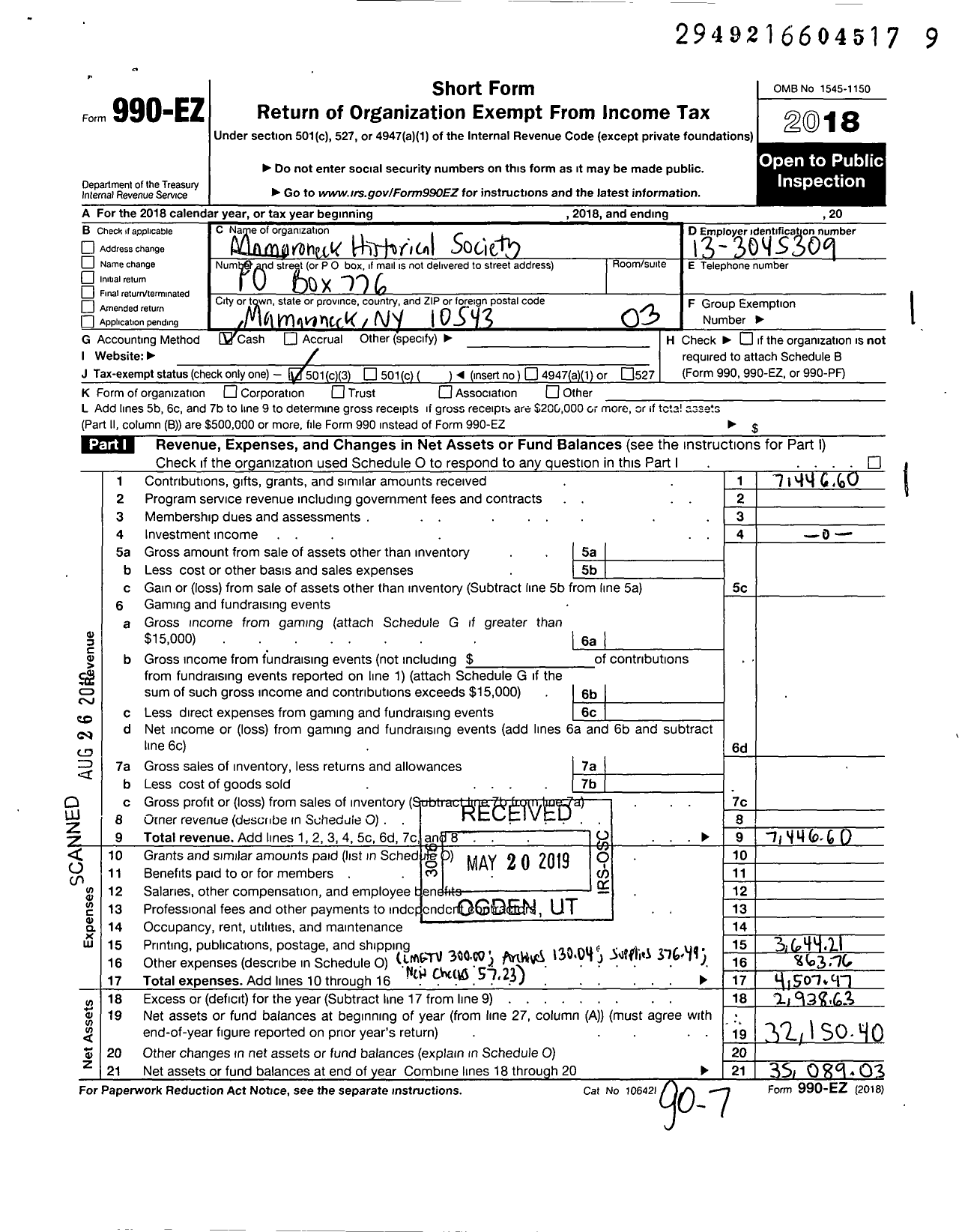 Image of first page of 2018 Form 990EZ for Mamaroneck Historical Society