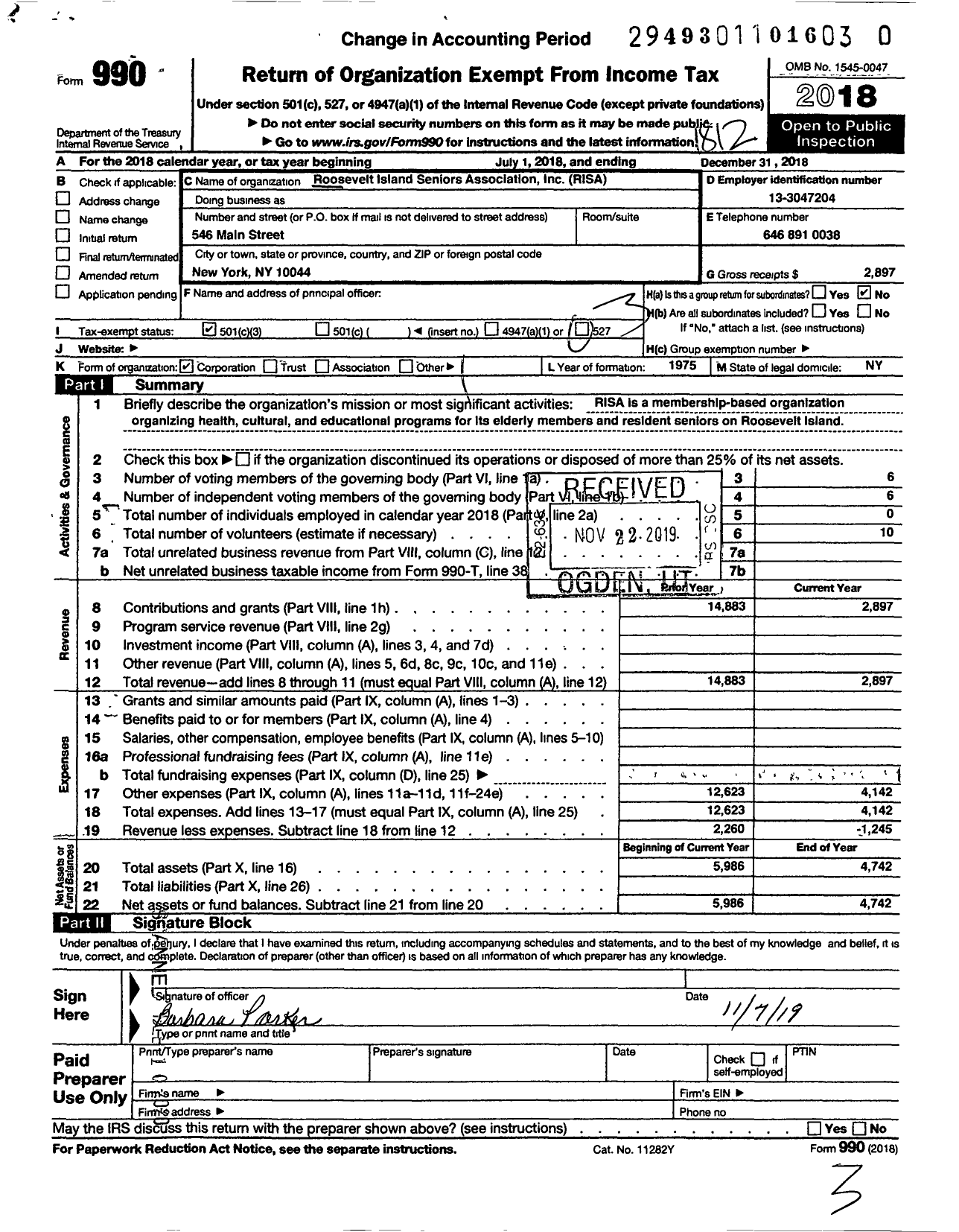 Image of first page of 2018 Form 990 for Roosevelt Island Seniors Association