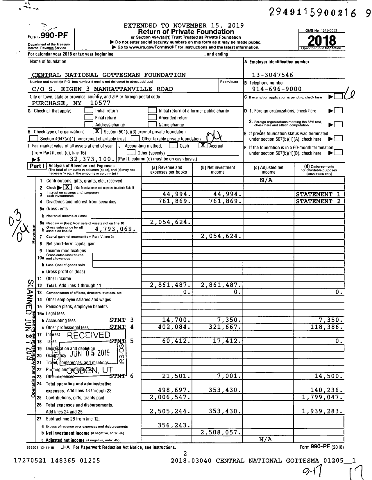 Image of first page of 2018 Form 990PF for Central National Gottesman Foundation