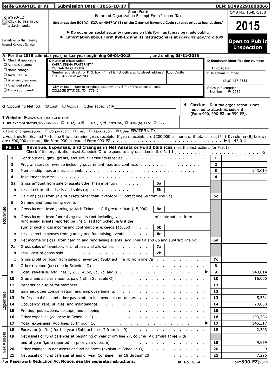 Image of first page of 2015 Form 990EZ for Kappa Sigma Fraternity Mu Gamma Chapter