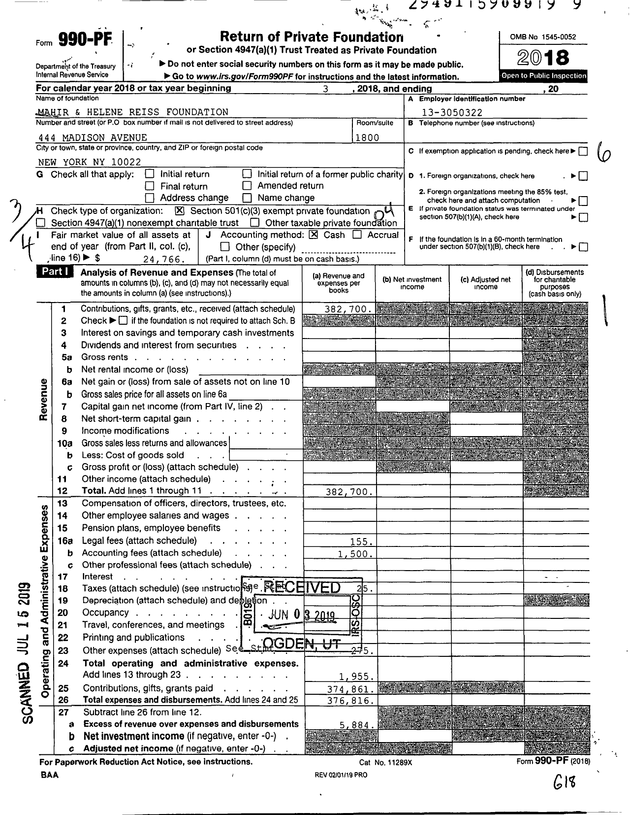 Image of first page of 2018 Form 990PF for Mahir and Helene Reiss Foundation