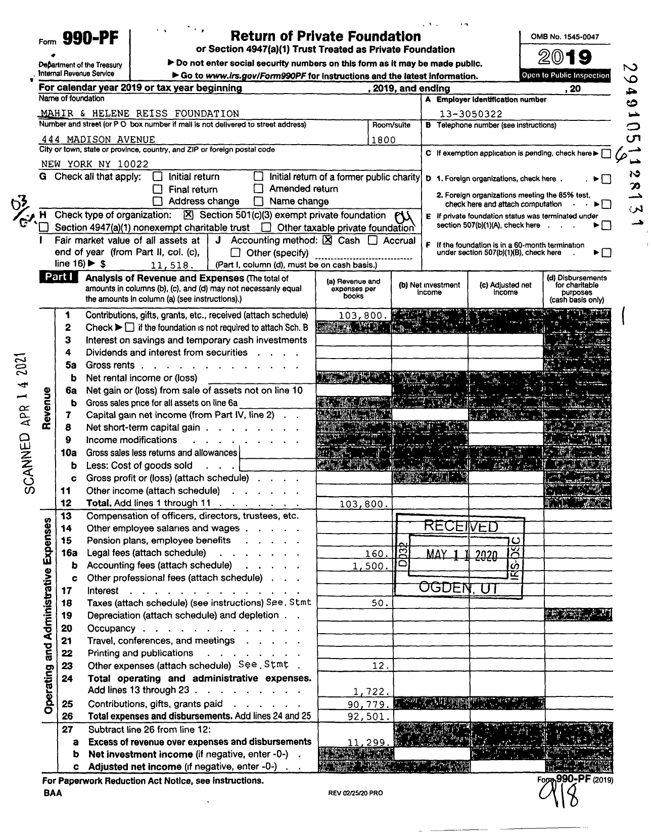 Image of first page of 2019 Form 990PF for Mahir and Helene Reiss Foundation