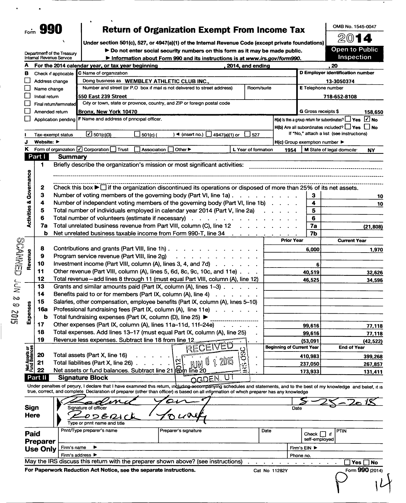 Image of first page of 2014 Form 990 for Wembley Athletic Club