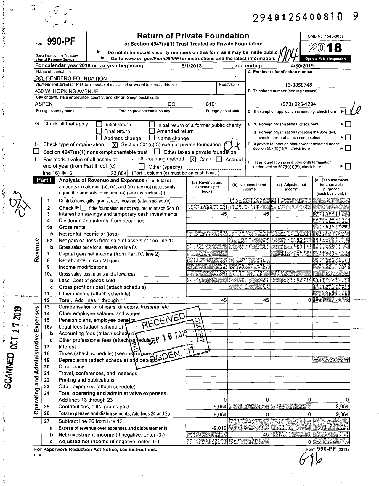 Image of first page of 2018 Form 990PF for Goldenberg Foundation