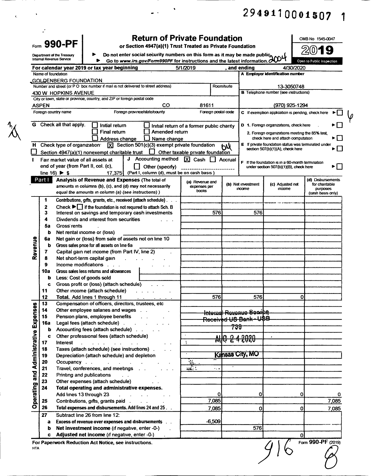 Image of first page of 2019 Form 990PF for Goldenberg Foundation