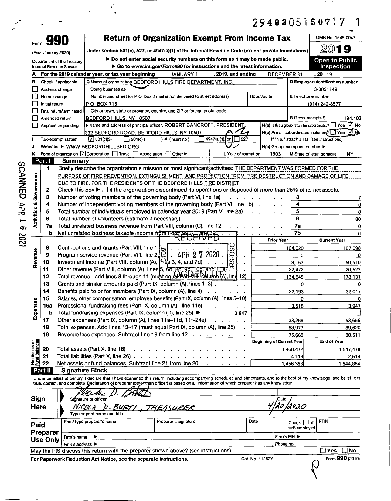 Image of first page of 2019 Form 990 for Bedford Hills Fire Department