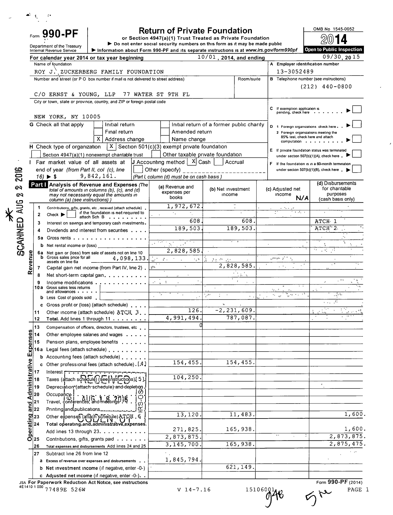 Image of first page of 2014 Form 990PF for Roy J Zuckerberg Family Foundation