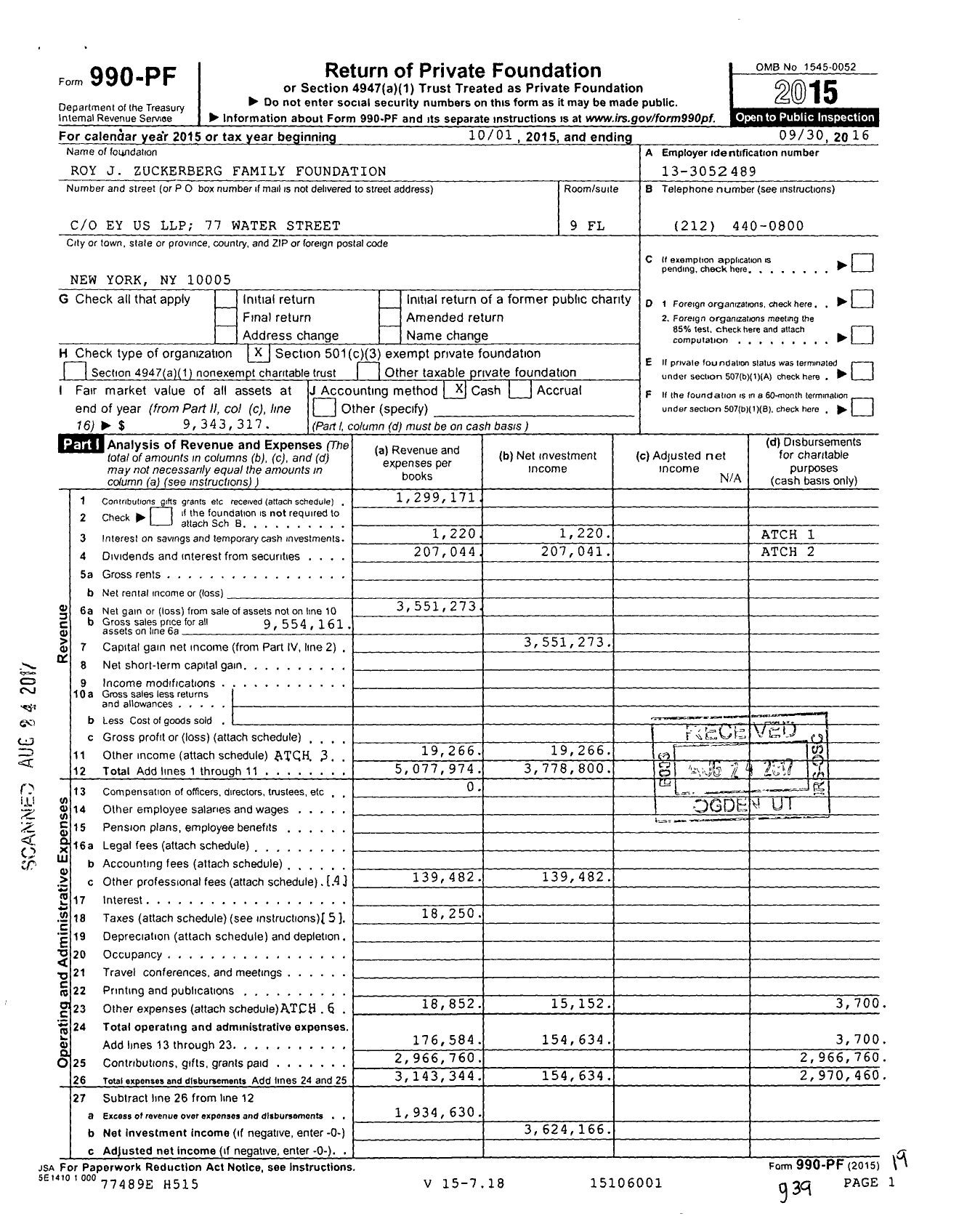 Image of first page of 2015 Form 990PF for Roy J Zuckerberg Family Foundation