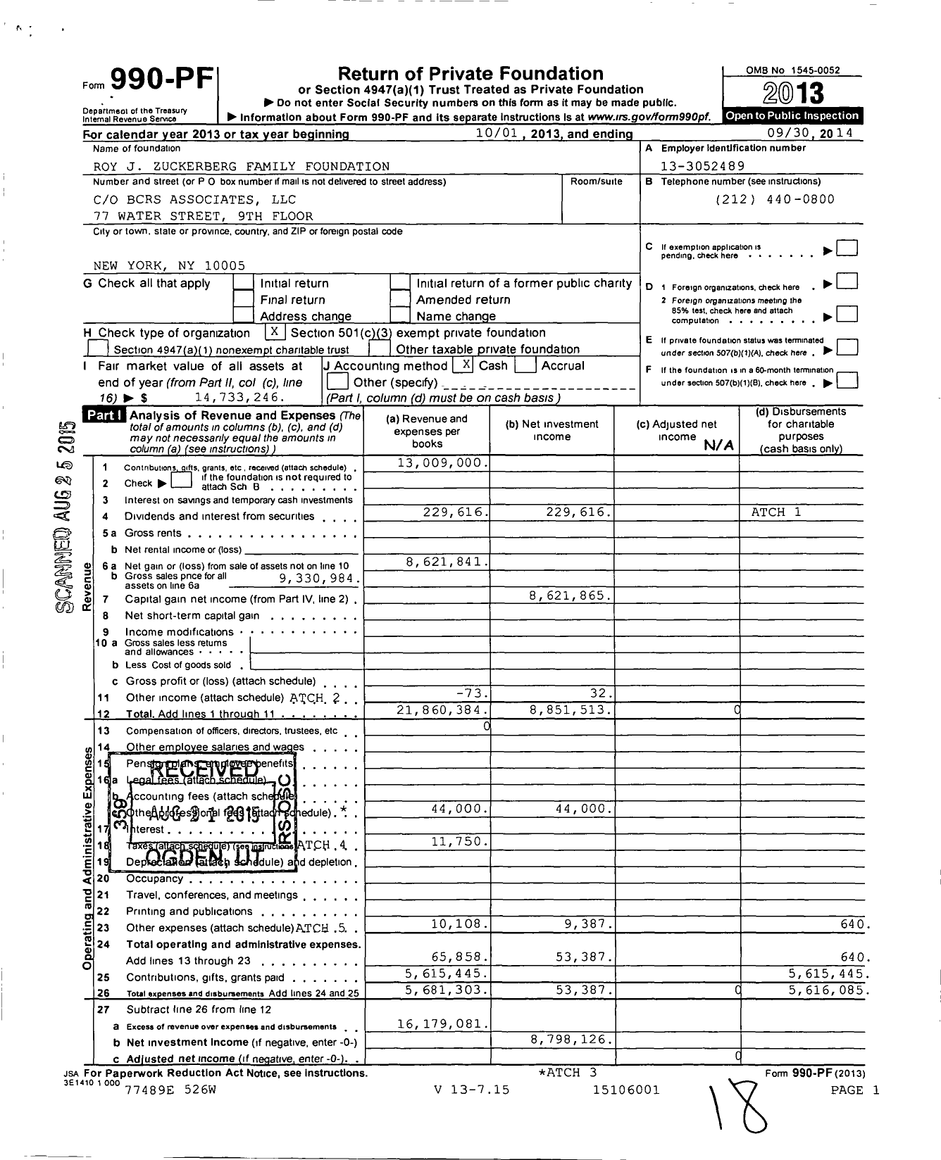 Image of first page of 2013 Form 990PF for Roy J Zuckerberg Family Foundation