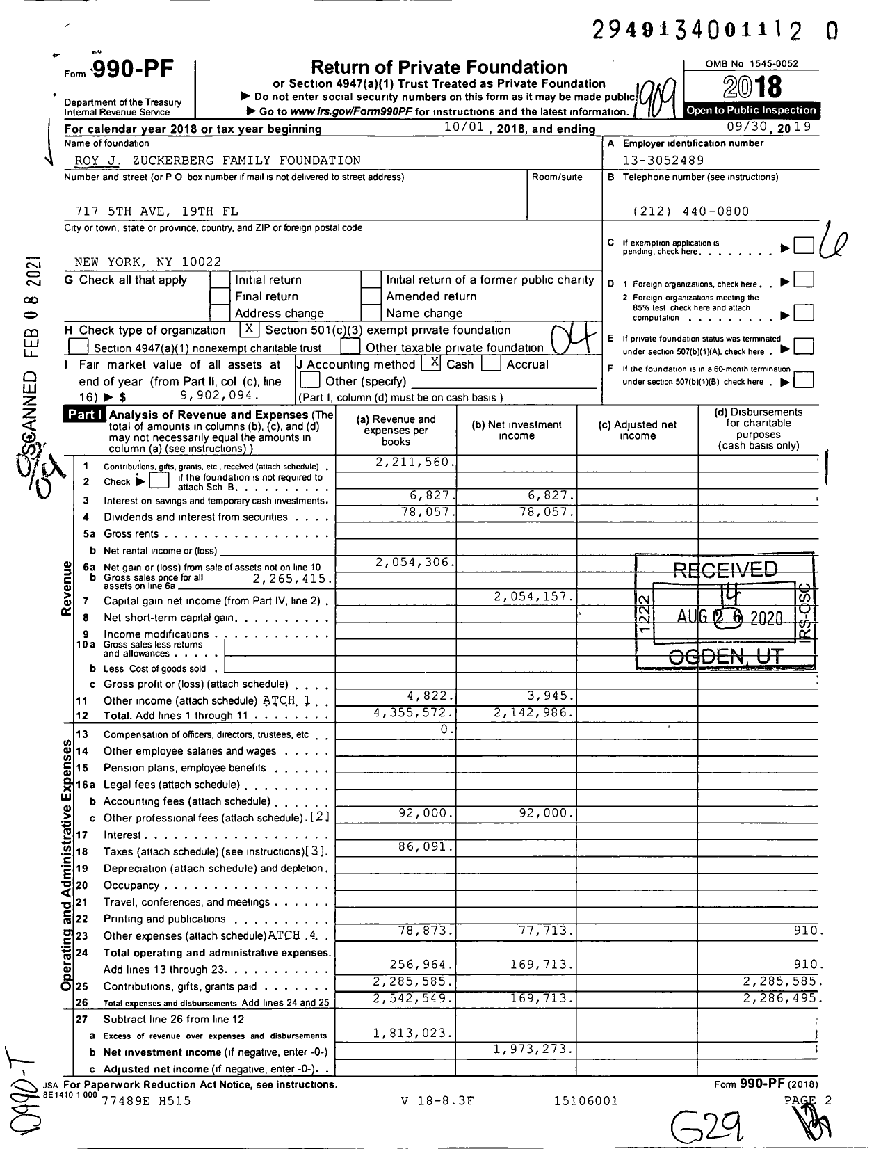 Image of first page of 2018 Form 990PF for Roy J Zuckerberg Family Foundation