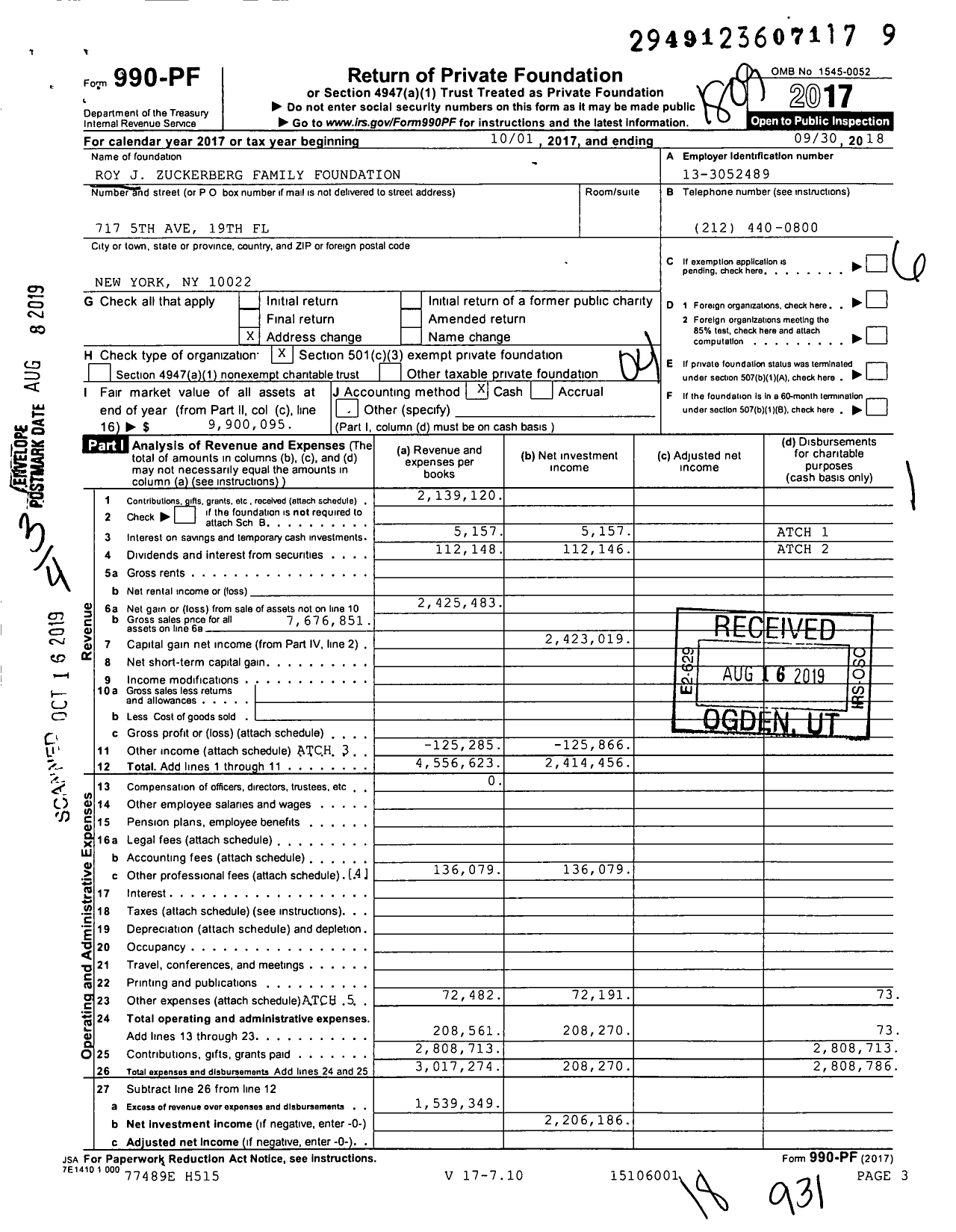 Image of first page of 2017 Form 990PF for Roy J Zuckerberg Family Foundation
