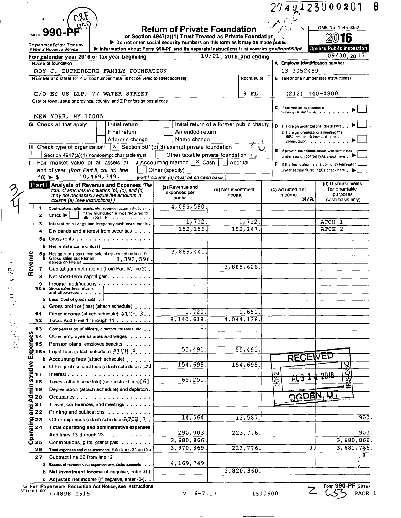 Image of first page of 2016 Form 990PF for Roy J Zuckerberg Family Foundation