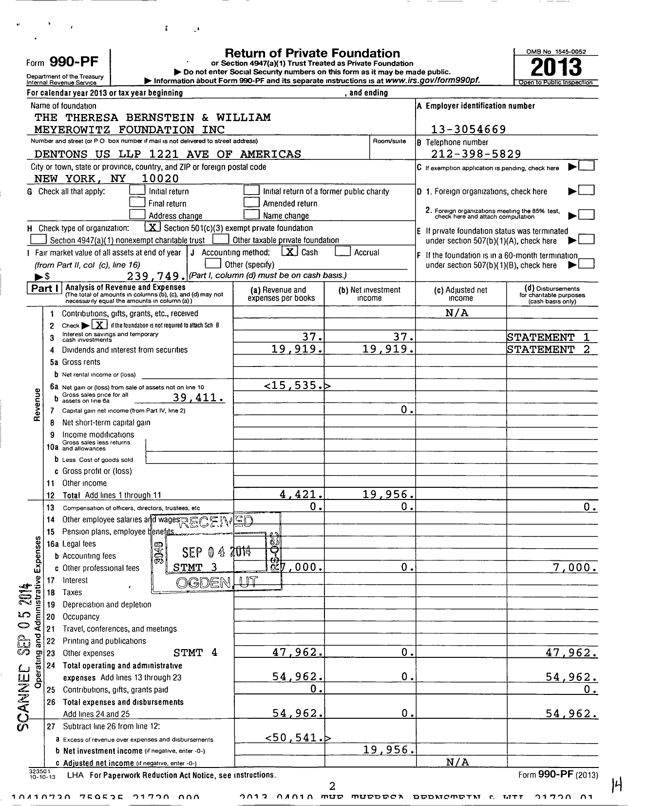 Image of first page of 2013 Form 990PF for The Theresa Bernstein and William Meyerowitz Foundation