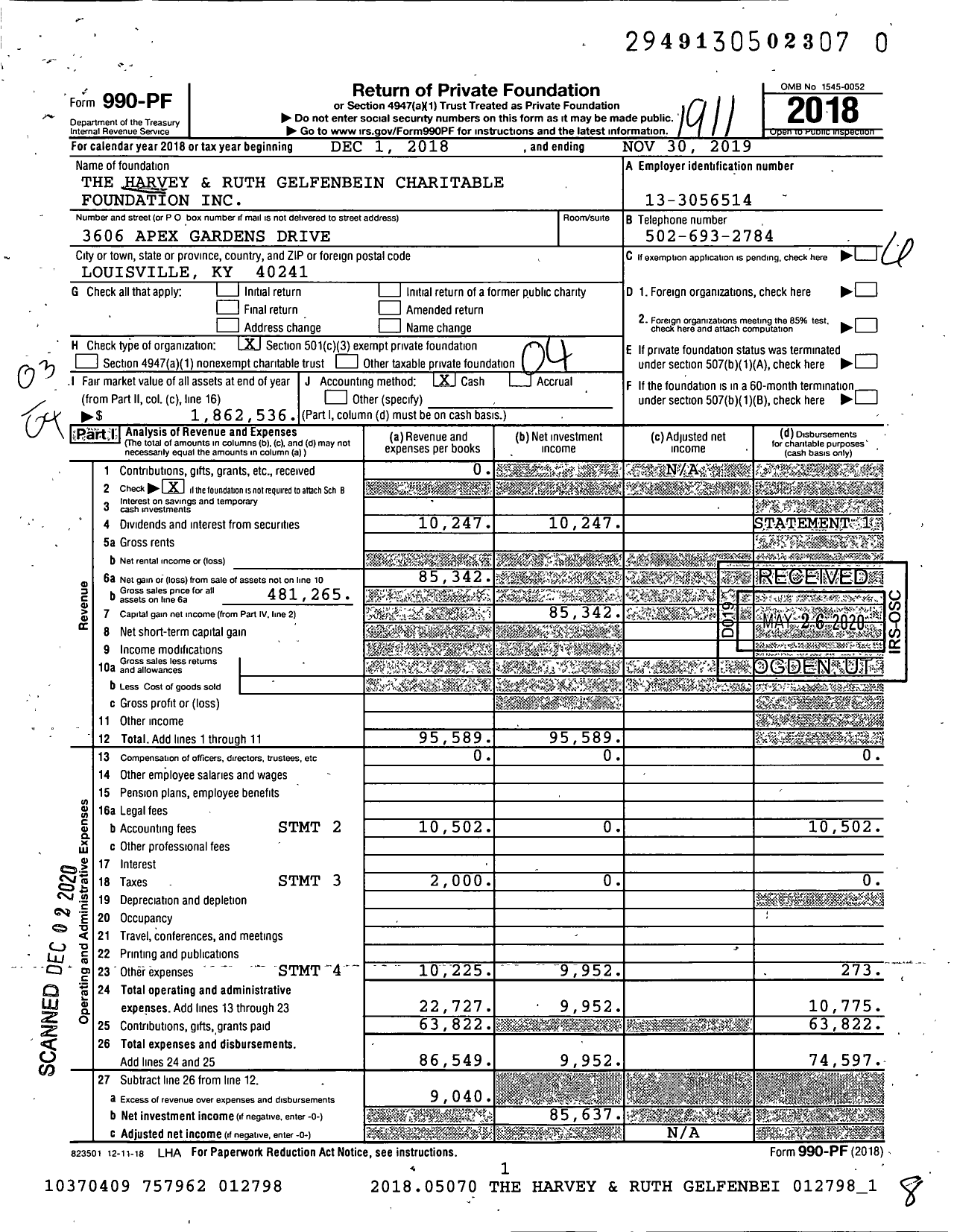 Image of first page of 2018 Form 990PF for The Harvey and Ruth Gelfenbein Charitable Foundation