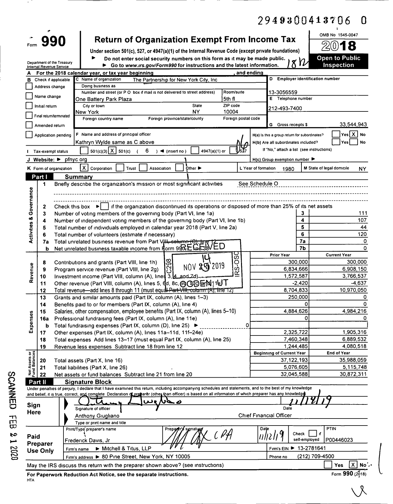 Image of first page of 2018 Form 990O for Partnership for New York City (PFNYC)