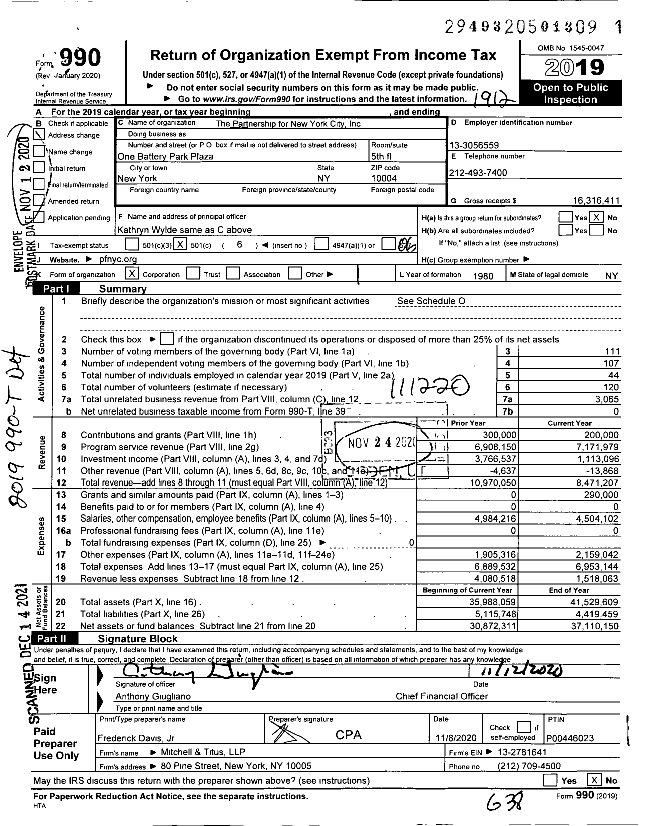 Image of first page of 2019 Form 990O for Partnership for New York City (PFNYC)