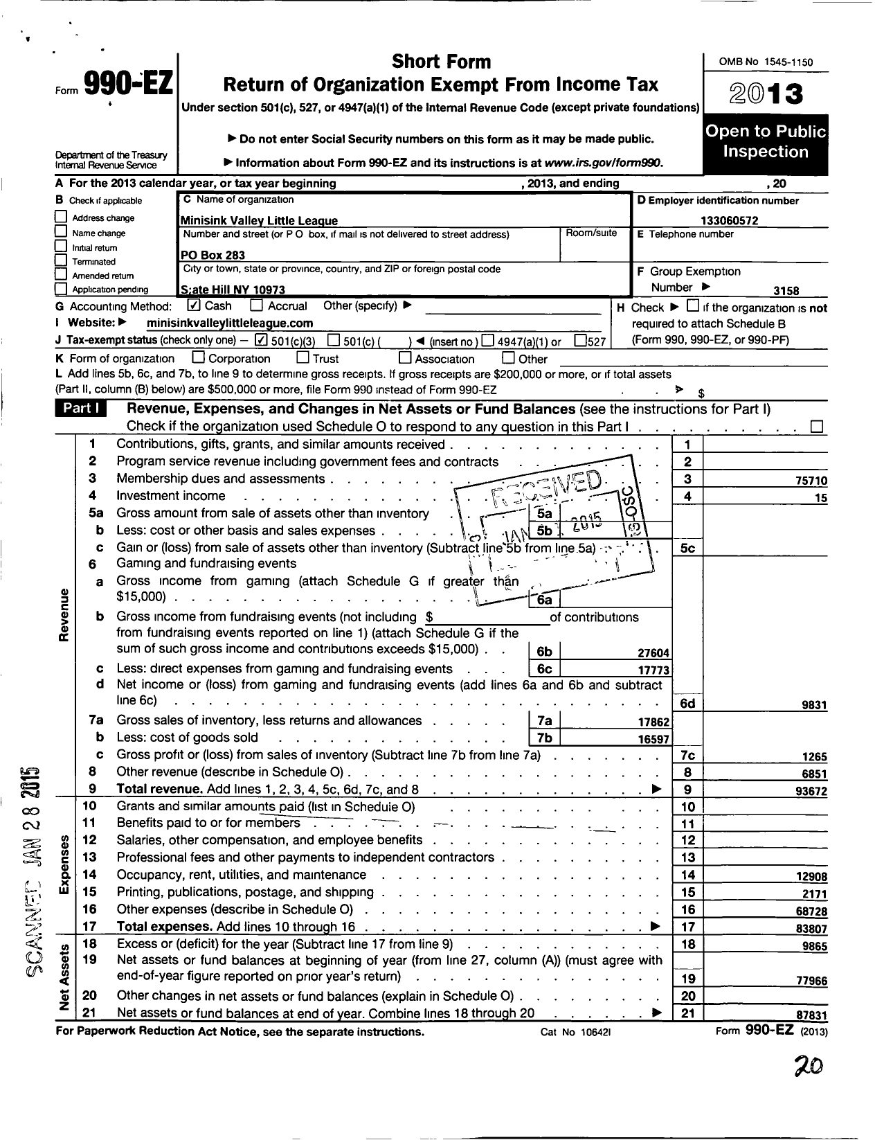 Image of first page of 2013 Form 990EZ for Little League Baseball - 2321914 Minisink Valley LL