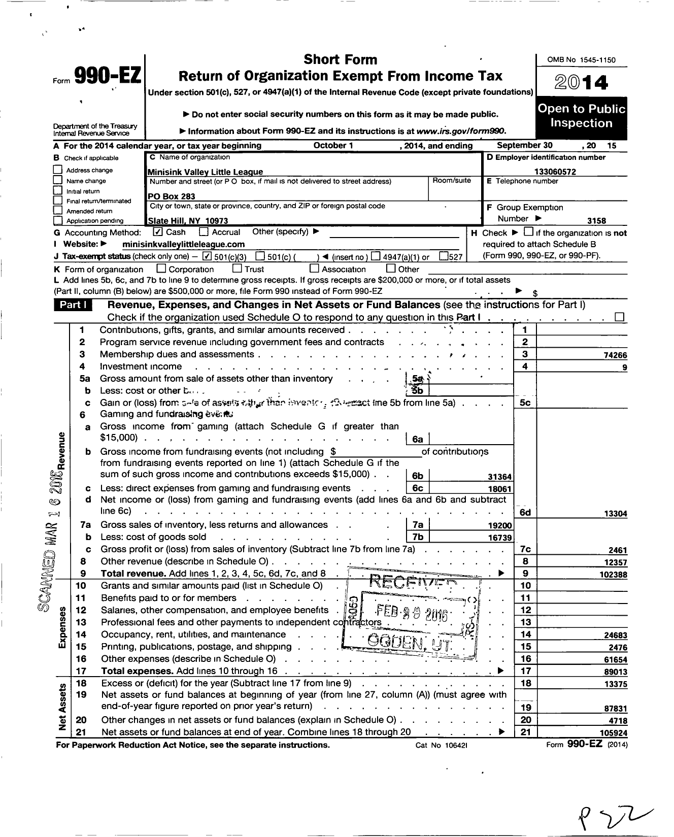 Image of first page of 2014 Form 990EZ for Little League Baseball - 2321914 Minisink Valley LL